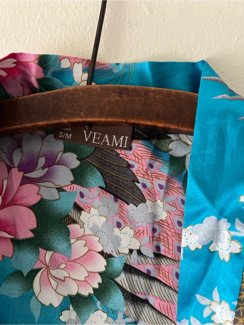 Veami Turquoise Floral Satin Kimono Cover-Up S/M - Picture 5 of 9